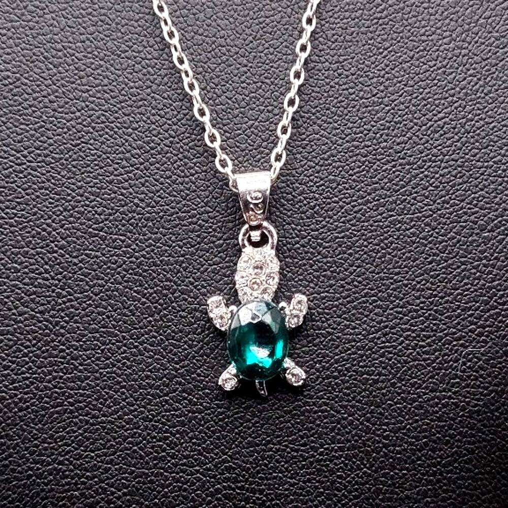 925 Sterling Silver Necklace W/ Sea Turtle CZ Emerald Anniversary Birthday Gift